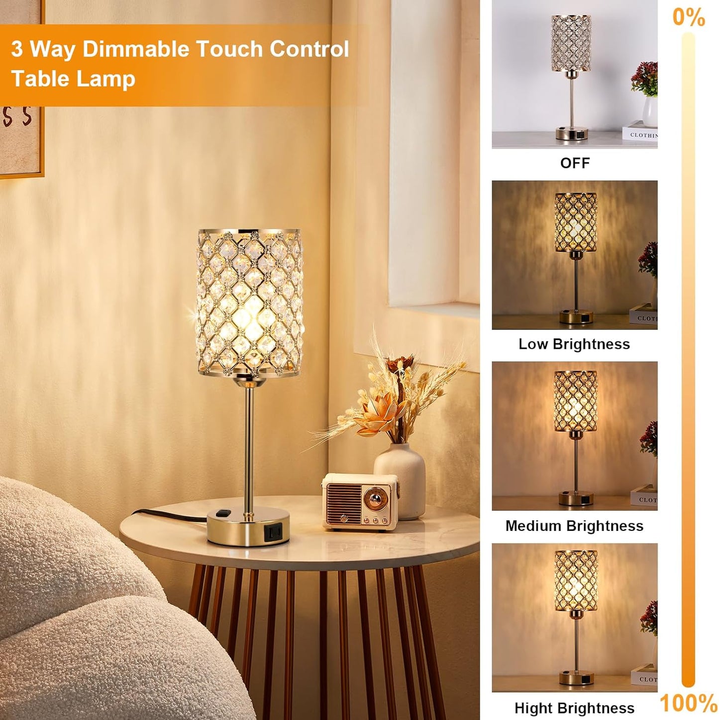 Touch Control Crystal Table Lamp-Dimmable Nightstand Lamp with USB-C+A & AC Charging Ports, 3-Way USB Gold Lamp, Bedside Desk Light for Bedroom Living Room Home Office(Bulb Included & Set of 2)