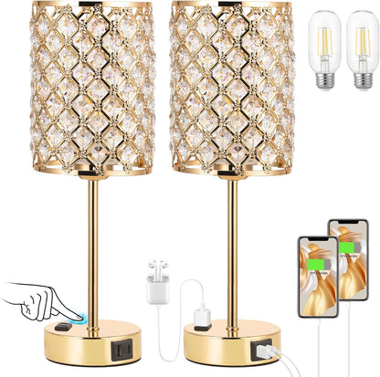 Touch Control Crystal Table Lamp-Dimmable Nightstand Lamp with USB-C+A & AC Charging Ports, 3-Way USB Gold Lamp, Bedside Desk Light for Bedroom Living Room Home Office(Bulb Included & Set of 2)