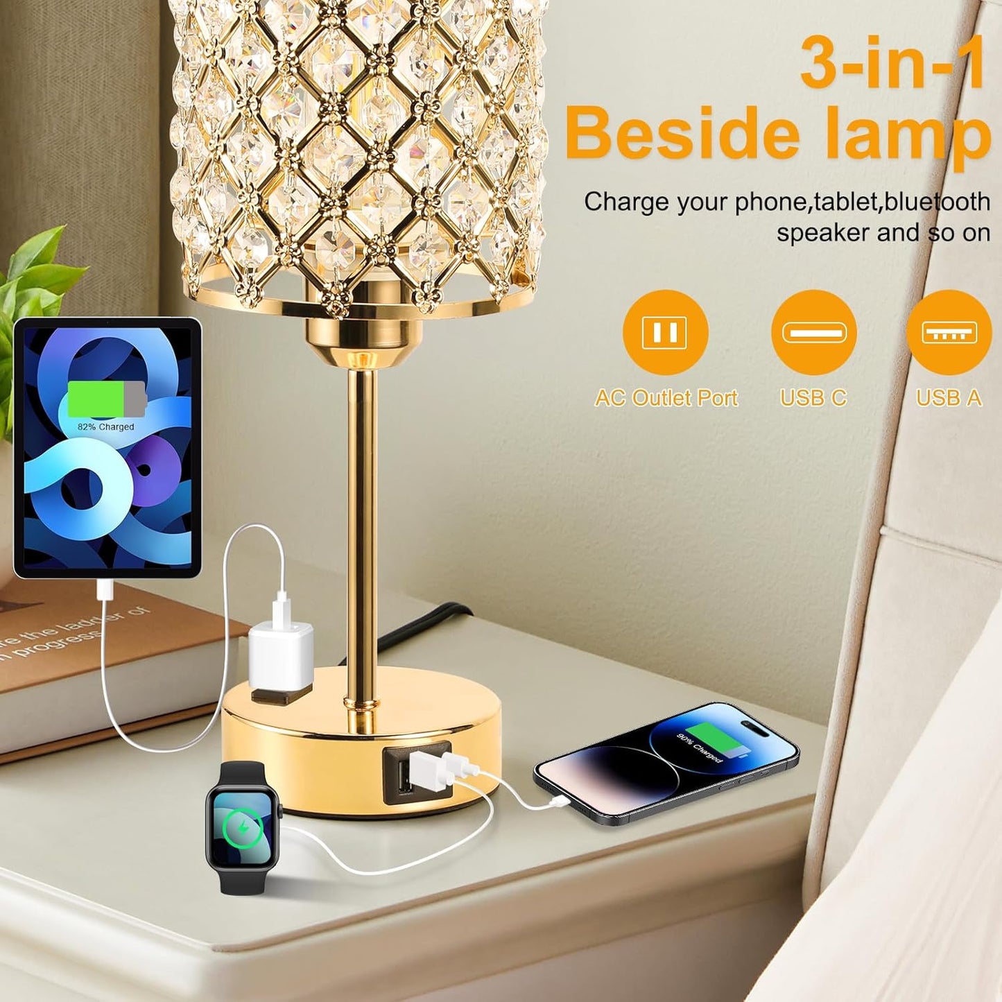 Touch Control Crystal Table Lamp-Dimmable Nightstand Lamp with USB-C+A & AC Charging Ports, 3-Way USB Gold Lamp, Bedside Desk Light for Bedroom Living Room Home Office(Bulb Included & Set of 2)