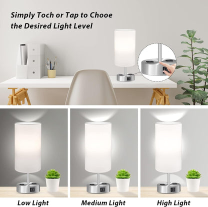 Touch Control Table Lamp Set of 2, 3-Way Dimmable Bedside Nightstand Lamps with 2 USB Ports & 2 AC Outlets, Modern Tabletop Lamps with White Shades, Desk Lamp for Bedroom Living Room, 2 Bulbs Included